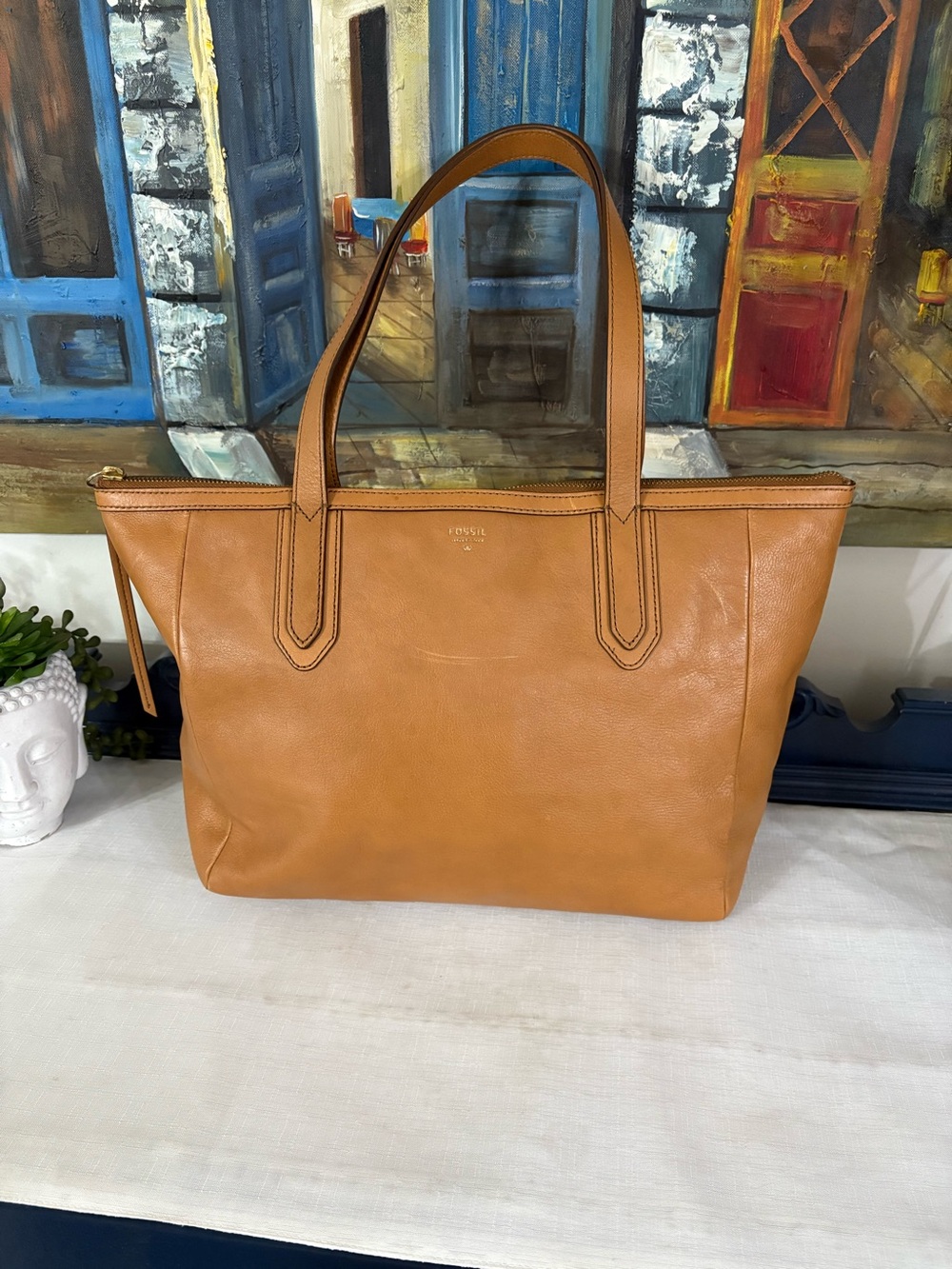 Beautiful Fossil Sydney Leather Shopper Tote Bag camel/cognac brown